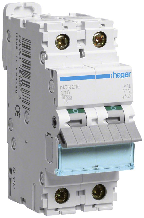 Leitungsschutzschalter Hager MCB 2P 415V Typ C 16A Icn 10kA Icu 15 kA 2TE