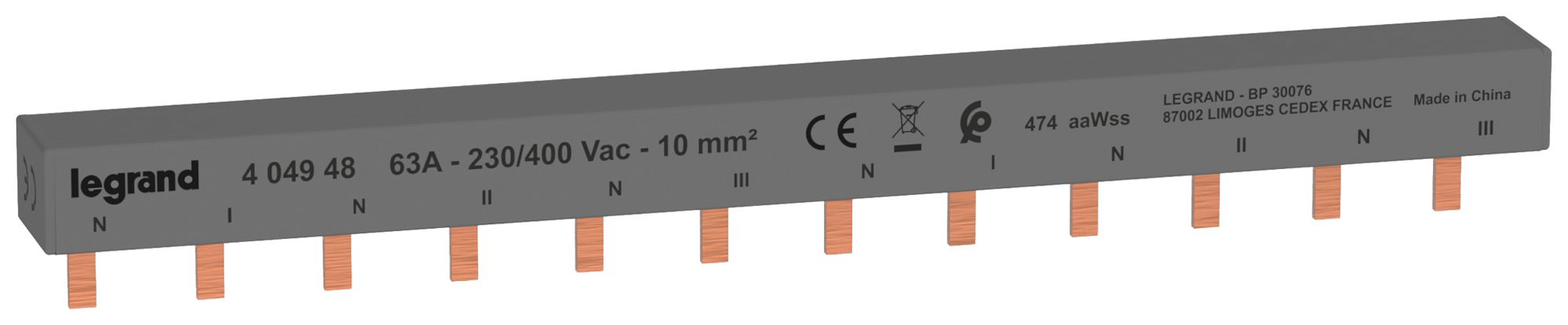 Kammschiene HX³standard 2P 3Ph Stift 10mm² 63A 213mm grau