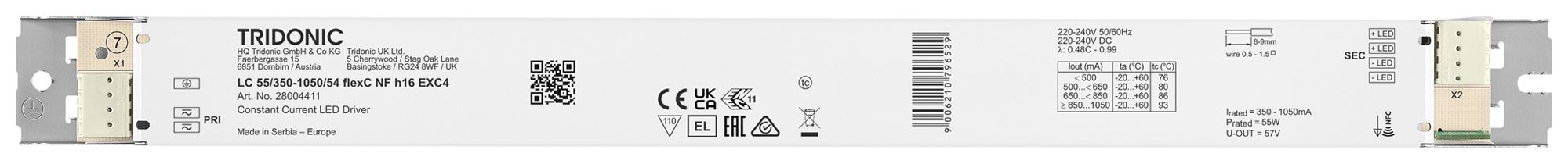 Alimentation LED Tridonic LC NFC EXC4 18.9…55W 15…54V 350…1050mA 360×30×16.3mm