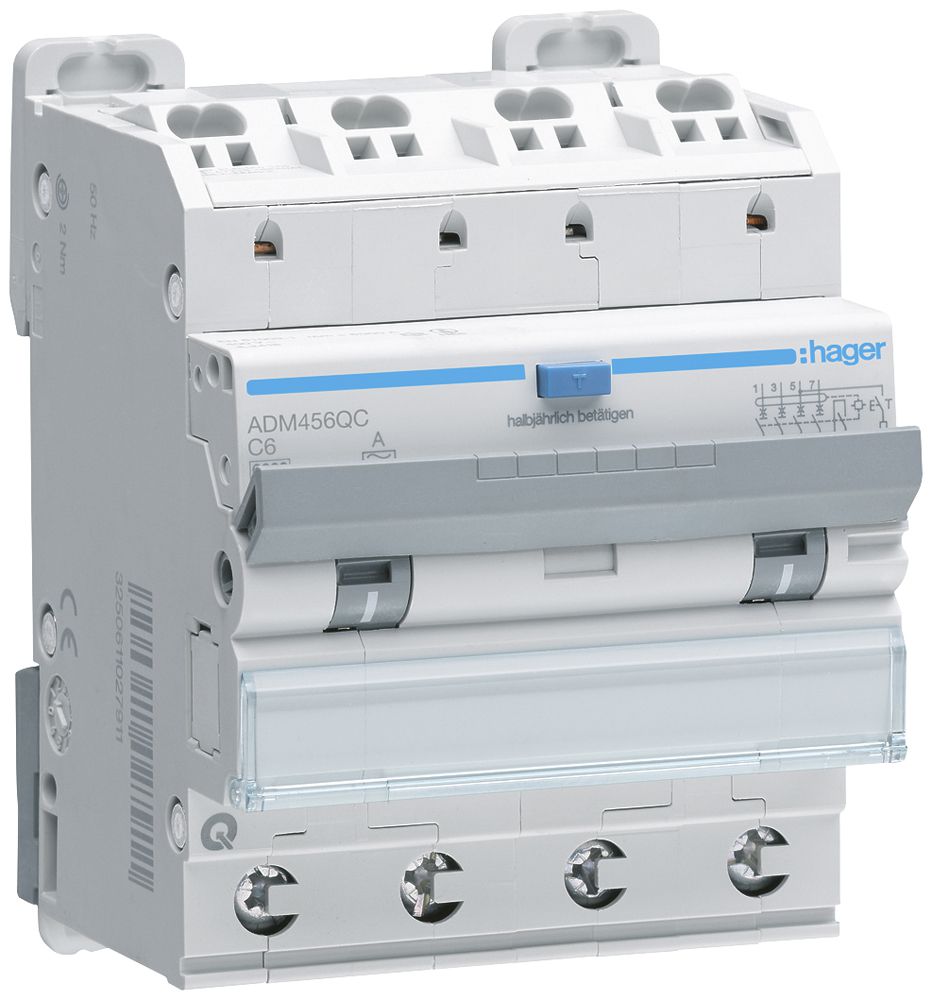 FI/LS-Schalter Hager RCBO QC 4P 400V Char.C 6A 0.03A Typ A 6kA 4TE