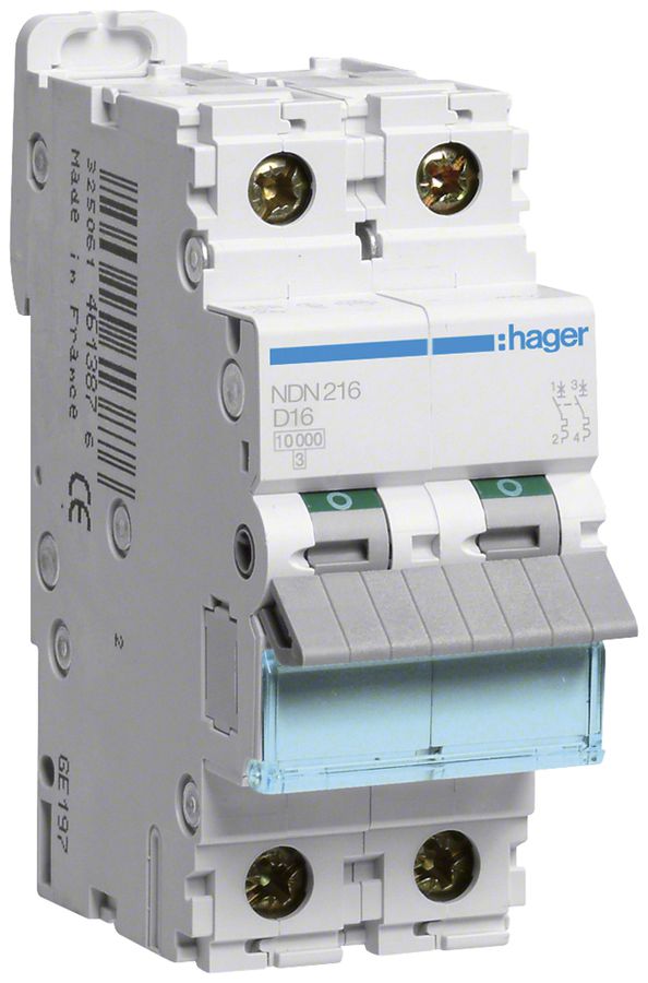 Leitungsschutzschalter Hager MCB 2P 415V Typ D Icn 10kA Icu 15kA 16A 2TE