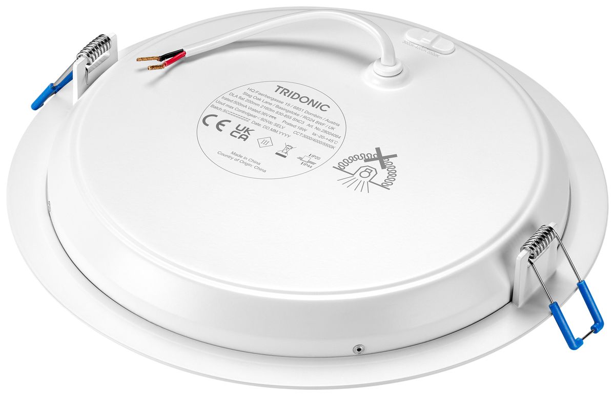 Downlight LED Tridonic DLA flat 18W 3000…5500K IP44 VWB Ø225×27mm blanc