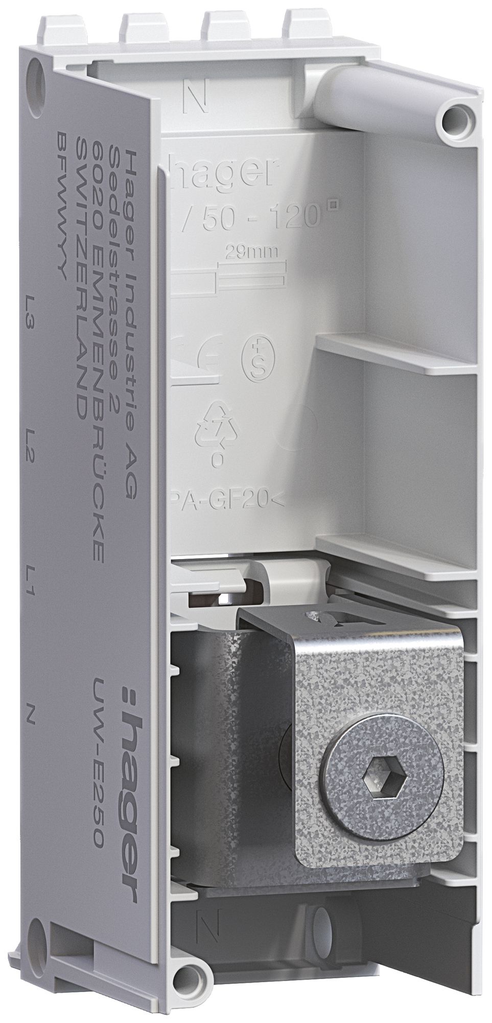 Einspeisemodul Hager uniway 250A, N, ohne Abdeckhaube, Breite 36mm