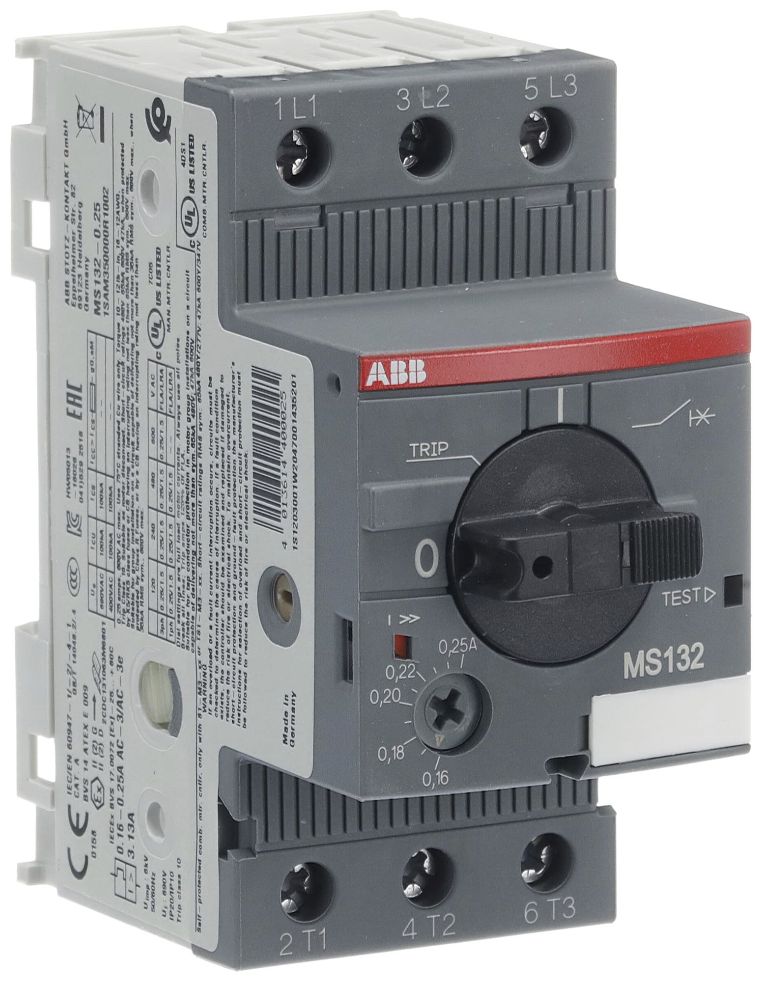 Salvamotore AMD ABB MS132, 0.06kW AC-3 (0.16…0.25A) 3L a vite