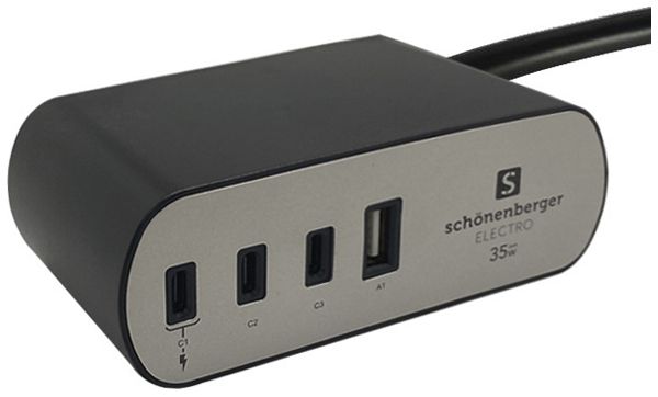 USB-Ladesteckdose Tischgerät 1×USB-A 3×USB-C 120×45×71mm