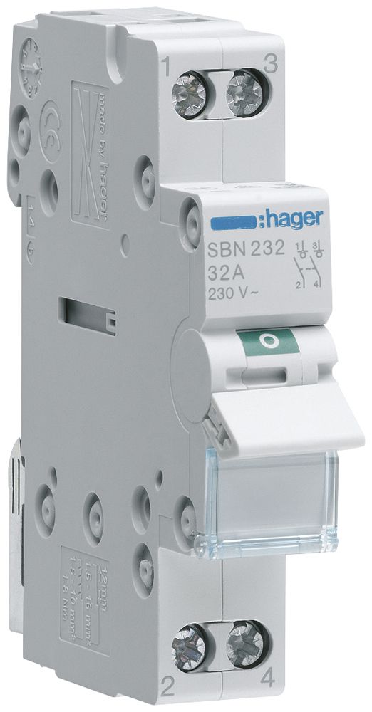 REG-Ausschalter Hager 32A 230V 2 Schliesser 0 Öffner 0 Wechsler 1TE