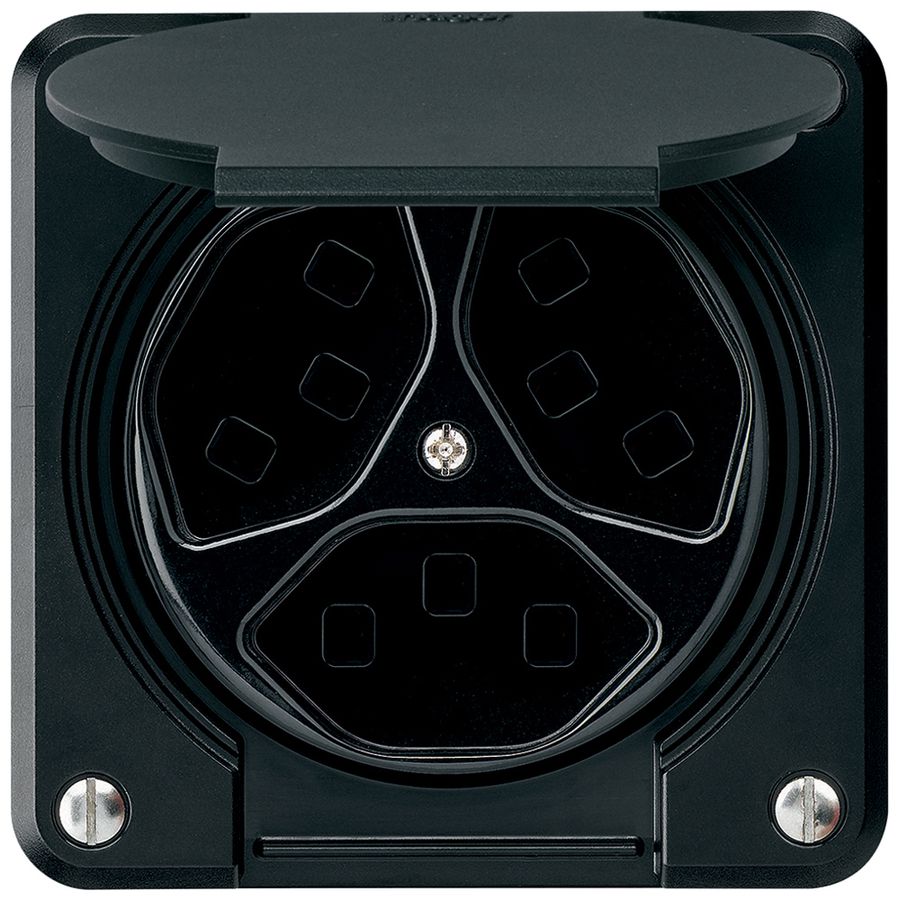Steckdose Hager robusto, 3×T23, mit Klappdeckel A, schwarz