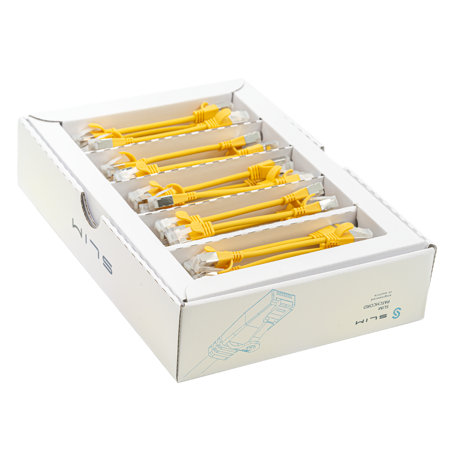 SLIM Patchkabel: 10cm, gelb, 50-Pack Cat.6A, U/FTP, LSOH, Klinke unbrechbar