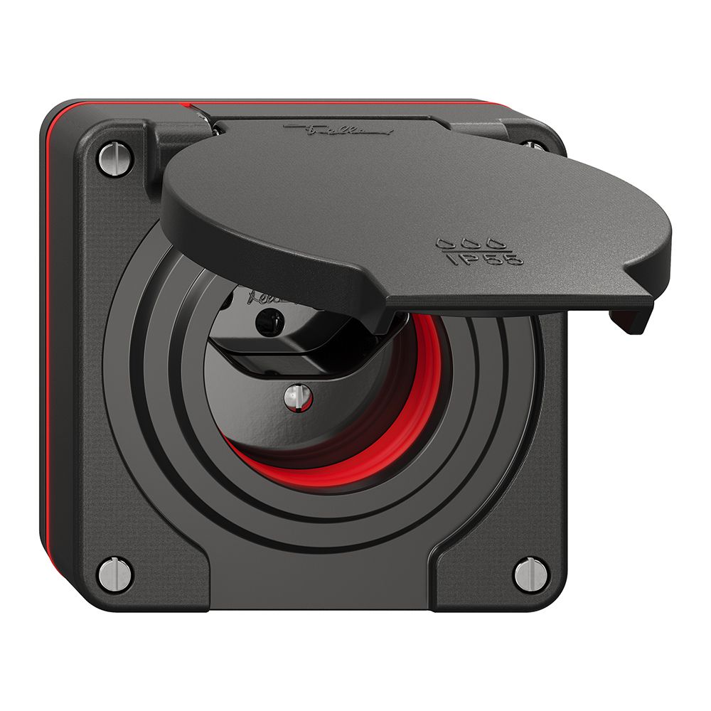 NUP-Steckdose NEVO, 1×T13, IP55 gemäss SN 441011, m.roter Dichtung, schwarz