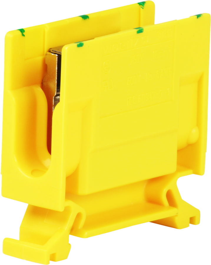 Borne de dérivation Woertz 6…16mm² 76A 750V vis 2×1 rail DIN 35mm vert/jaune