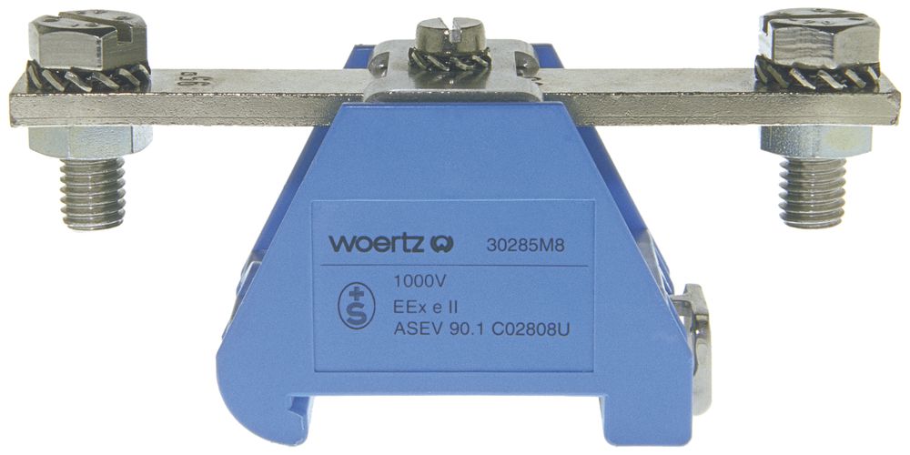 Borne de passage joignable Woertz 95mm² 232A 750V boulon 2×1 rail DIN 35mm bleu