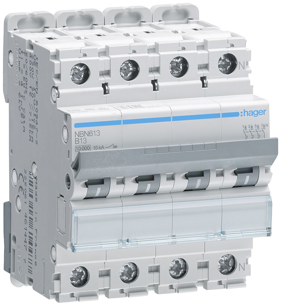 Leitungsschutzschalter Hager MCB 3P+N 415V Typ B 13A Icn 10kA Icu 15 kA 4TE