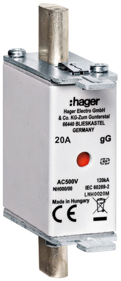 Fusible HPC Hager DIN000 500VAC 20A gG/gL avertisseur double antirouille