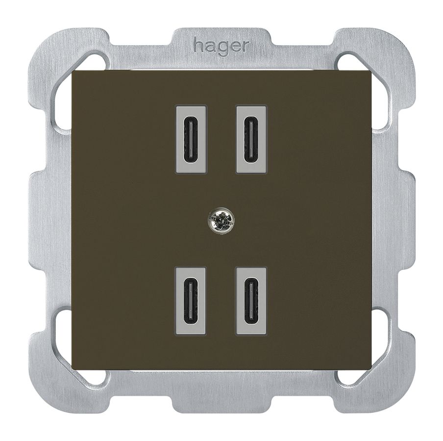 UP-USB-Ladesteckdose Hager kallysto 2×C-C 2×20W oder 4×10W 5V 77×77mm braun