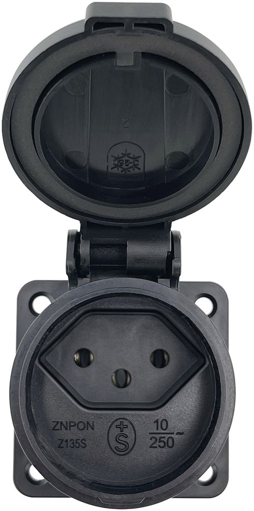 Presa INS T13, 250V, 10A, IP55, coperchio a cerniera, nero