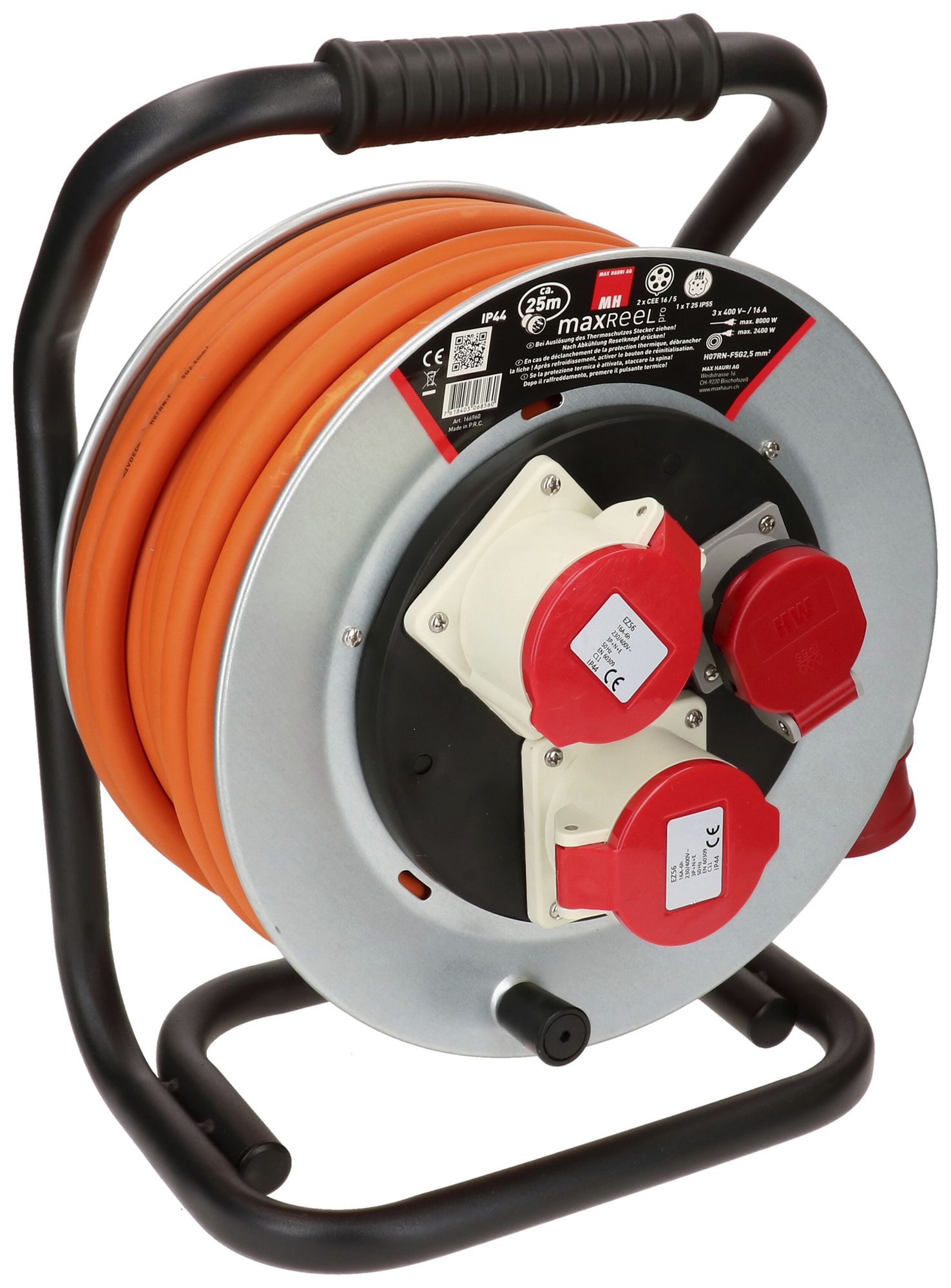 Enrouleur de câble MH maxReel acier 2×CEE16 1×T25 IP44 5×2.5mm² 25m IP44