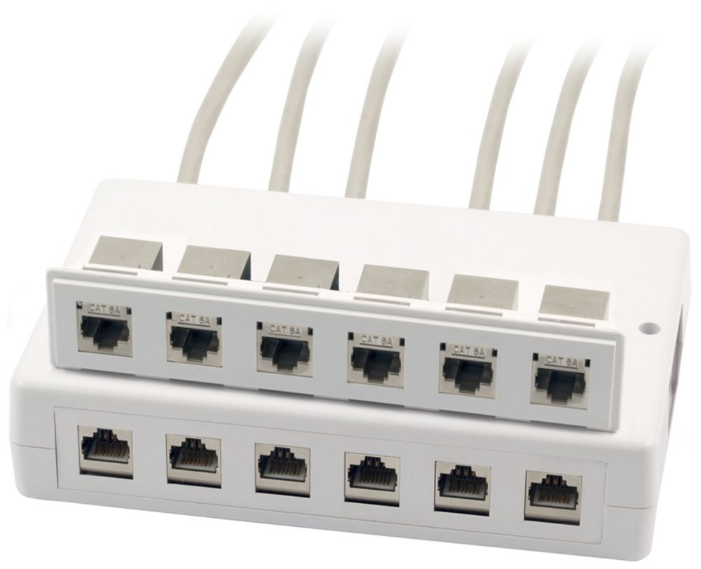 Boîte de distribution AP Heiniger, 12×RJ45 Keystone, vide, 170×110×40mm, blanc