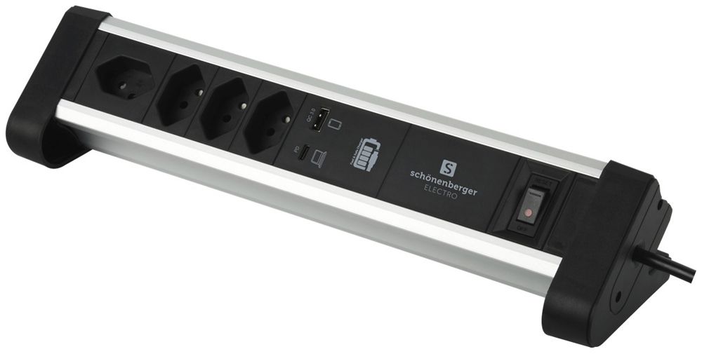 Prise multiple de table NOTEBOOK 4×T13/1×USB-A/1×USB-C 2m T12 noir/aluminium