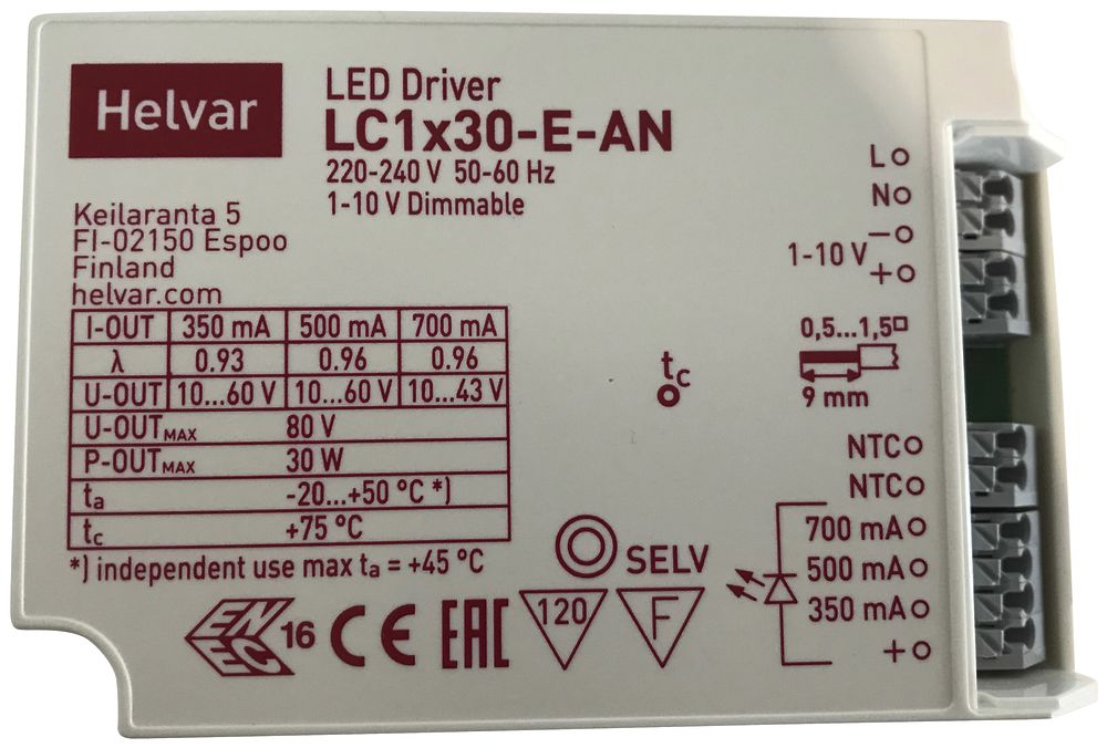 Bloc d'alimentation DOTLUX, p.convertisseurs LED, a.câble 124×82×23mm 0…10V IP40