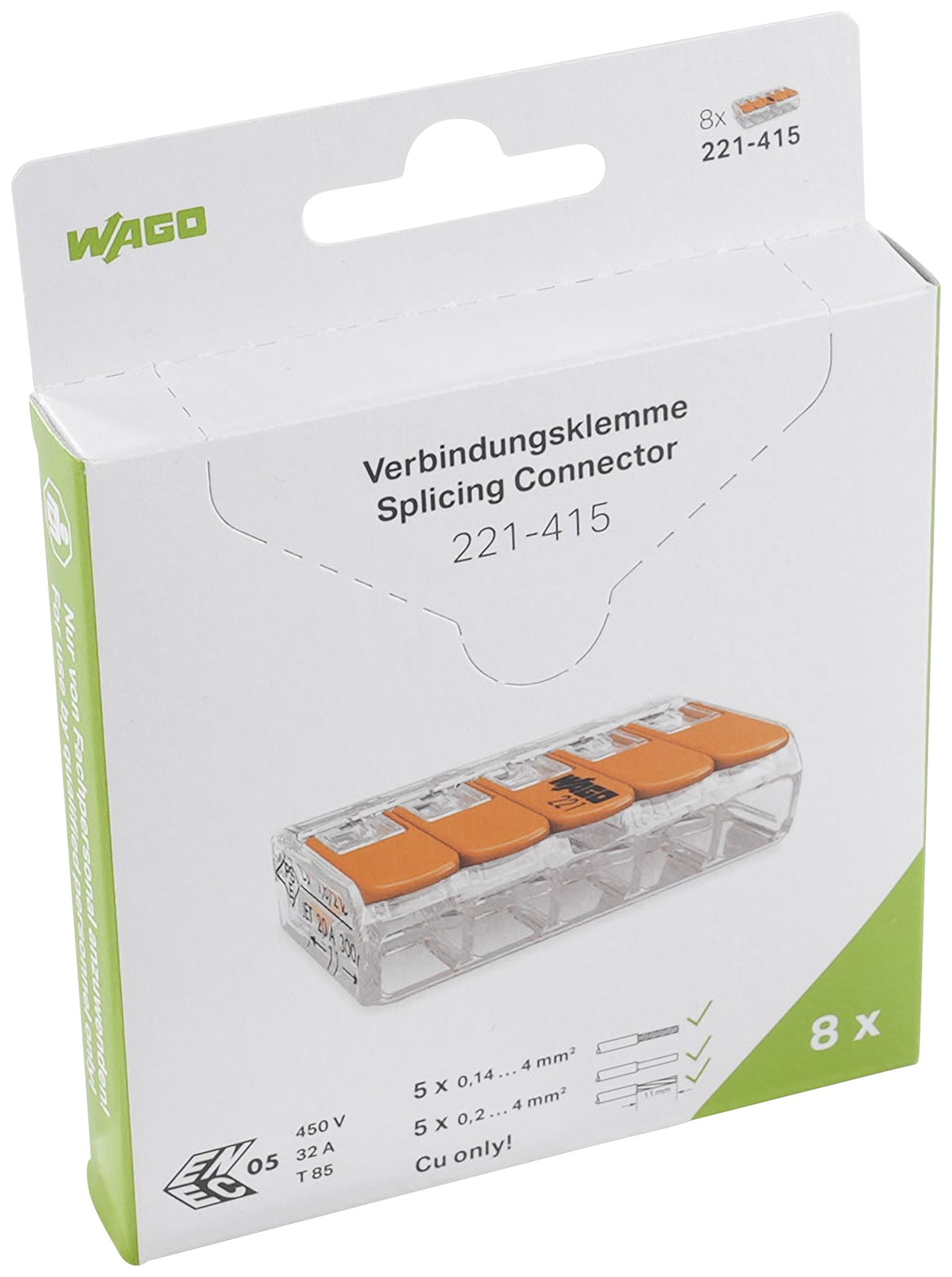 Borne de connexion WAGO 221 5×0.2…4mm² levier 32A 450V orange transparent
