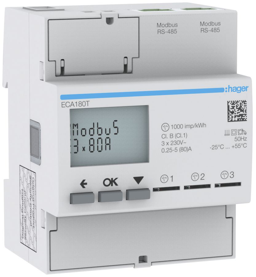 Compteur d'énergie AMD HA ECA180T 3×1P direct 80A Modbus RJ45 imp.+exp.2T+8T