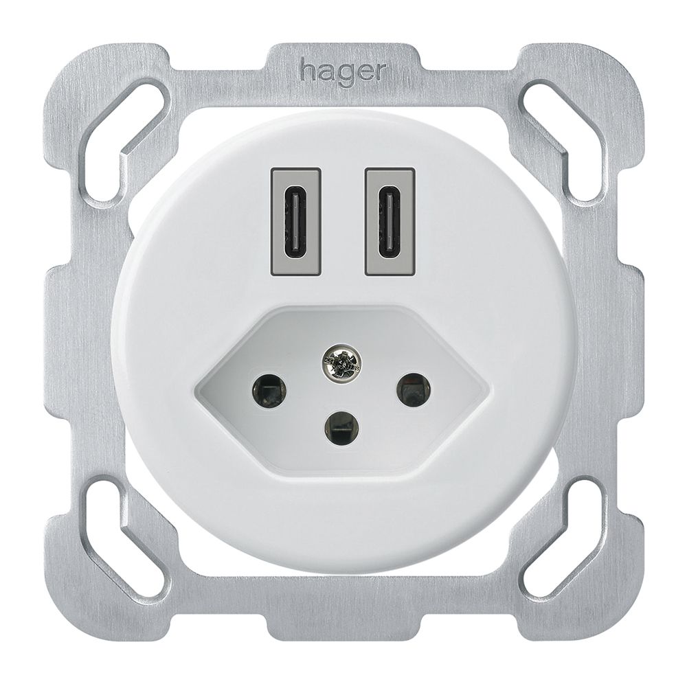 Prise de charge USB ENC Hager basico C-C 20W+T13 5V 77×77mm blanc