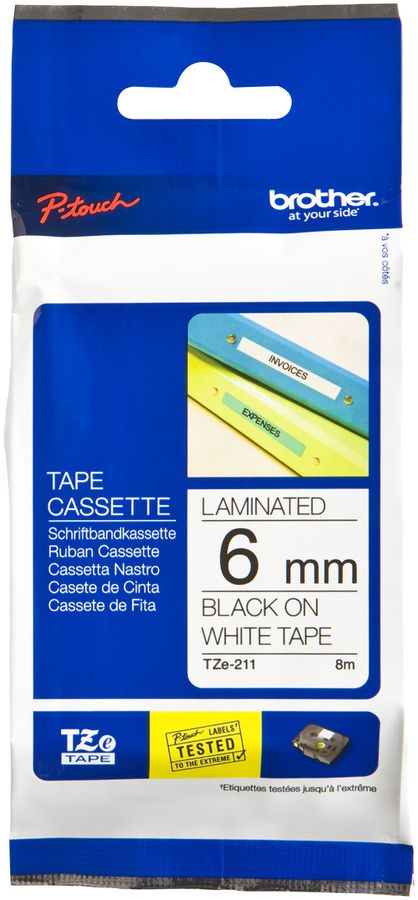 Cassette ruban Brother TZe-211 6mm×8m, blanc/noir
