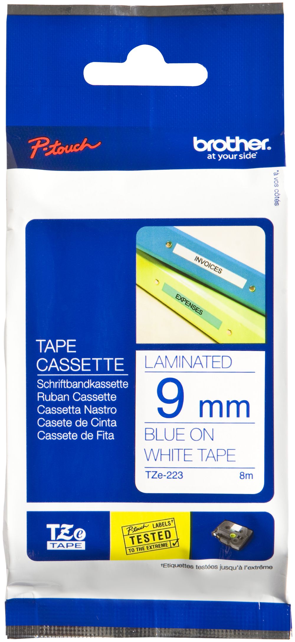 Cassette ruban Brother TZe-223 9mm×8m, blanc/bleu
