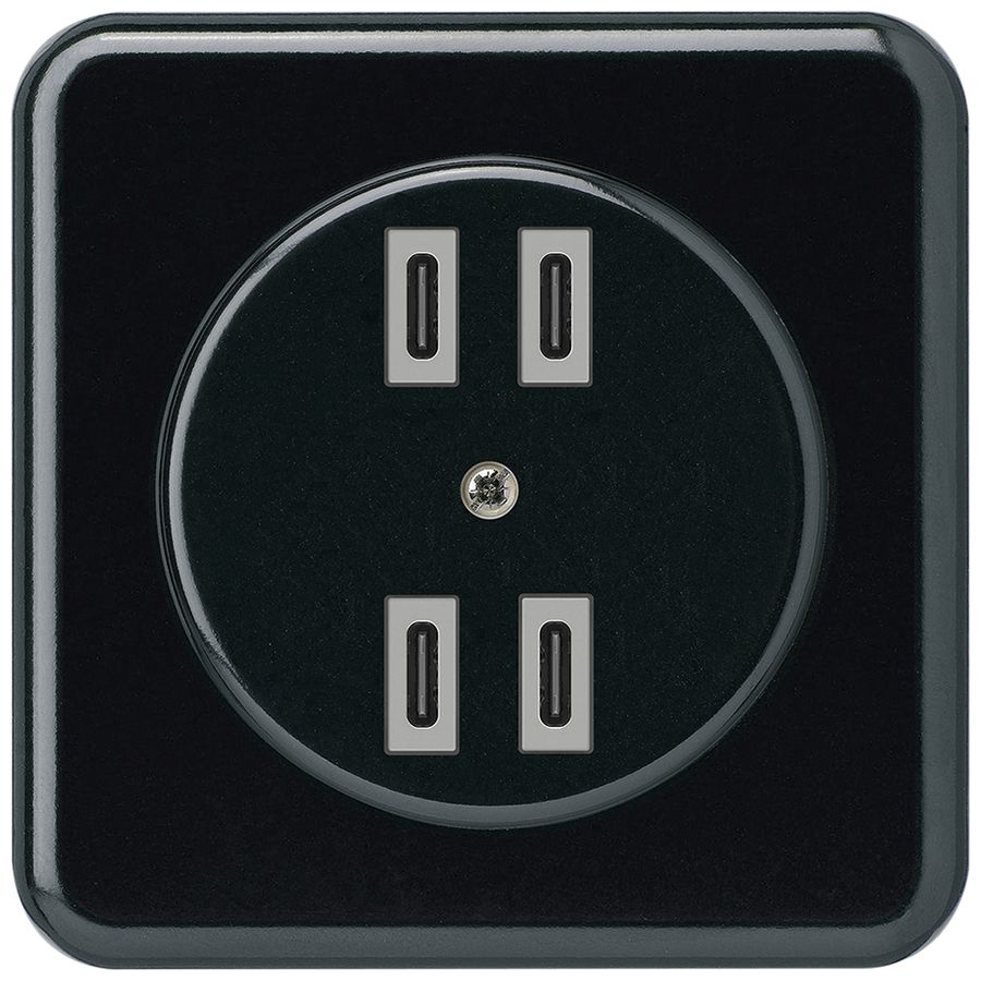 UP-USB-Ladesteckdose Hager basico 2×C-C 2×20W oder 4×10W 5V 86×86mm schwarz