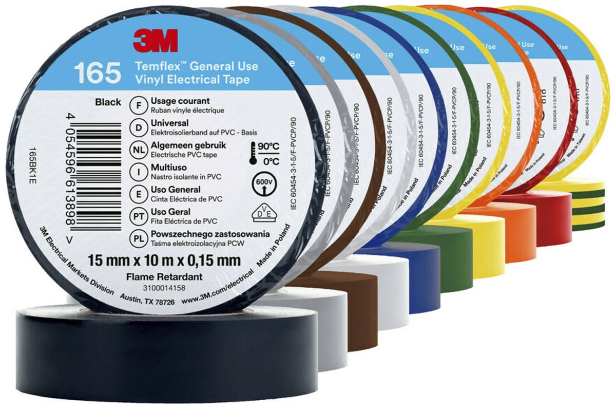 Ruban isolant 3M Temflex 165 15mm×10m×0.15mm multicolore VDE 600V 0…90°C