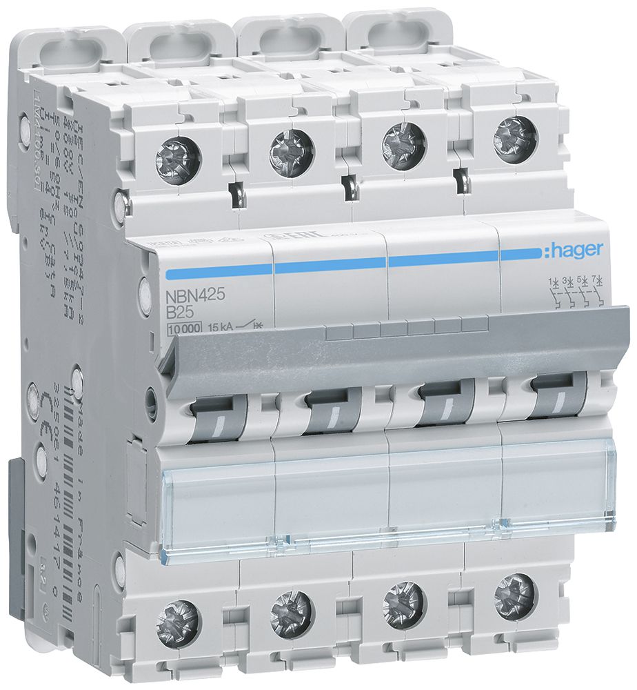 Leitungsschutzschalter Hager MCB 4P 415V Typ B 25A Icn 10kA Icu 15kA 4TE