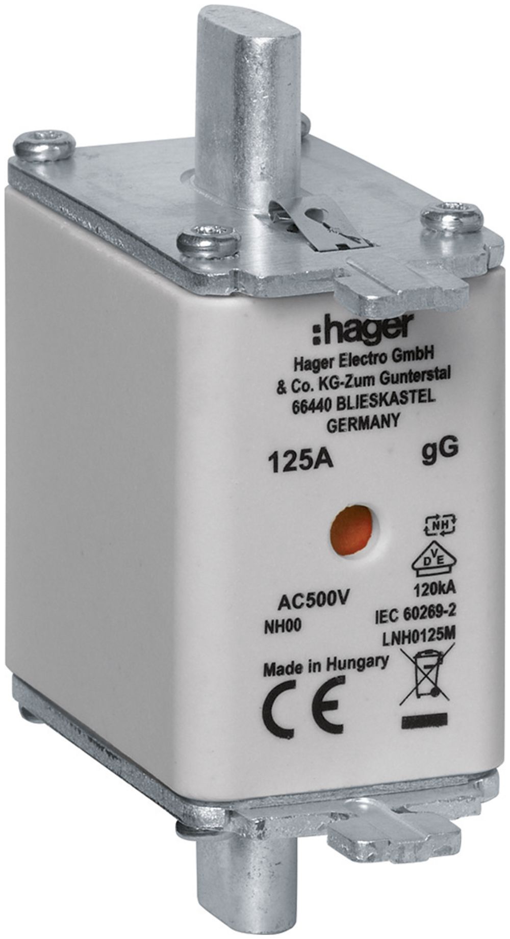 Fusible HPC Hager DIN00 500VAC 125A gG/gL avertisseur double antirouille