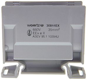 Borne de dérivation Woertz Ex 16…35mm² 125A 750V vis 2×1 rail DIN 35mm gris