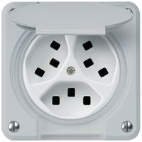 UP-Steckdose Hager robusto, 3×T23, mit Klappdeckel C, grau