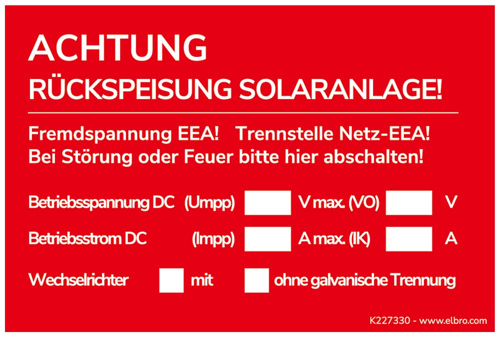 Warnaufkleber ACHTUNG Rückspeisung Solaranlage! 90×60mm selbstklebend rot