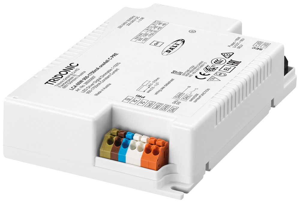Alimentation LED Tridonic LCA PRE 18…60W 20…54V 900…1750mA DALI2 125×85×28.3mm
