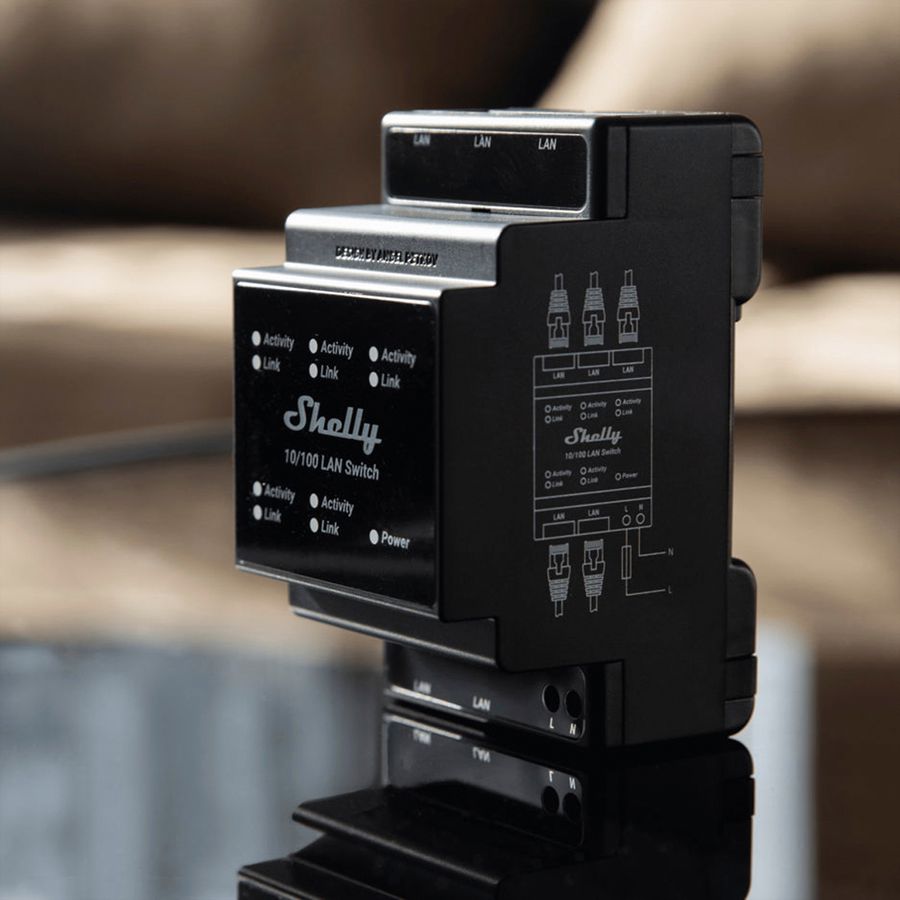 Switch AMD Shelly 10/100 LAN Switch 5×RJ45 FE 96×53×59mm 3UM