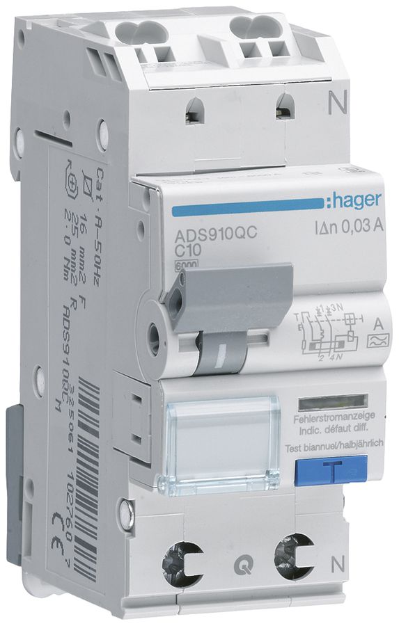 FI/LS-Schalter Hager RCBO QC 2P 230V Char.C 10A 0.03A Typ A 6kA 2TE