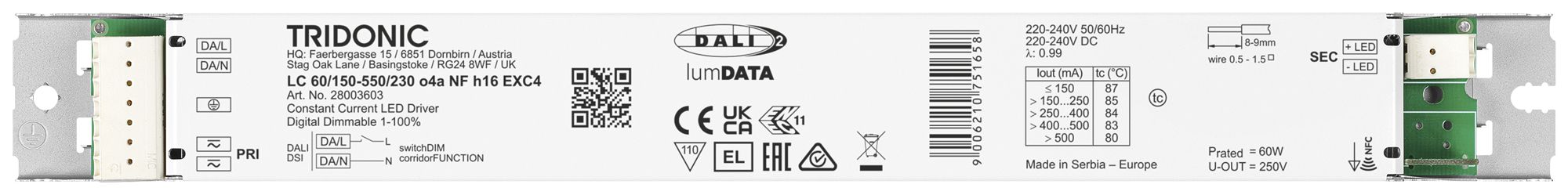 Alimentation LED Tridonic LC NFC EXC4 34.5…60W 45…230V 150…550mA DALI 280×30×16