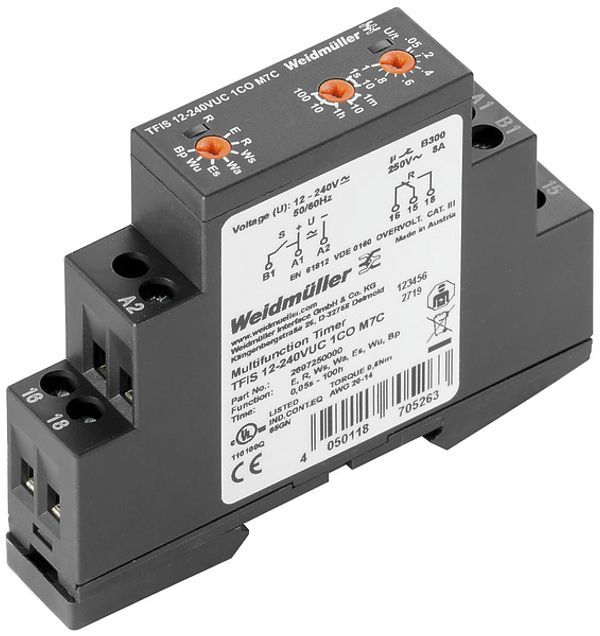 Relais temporisé WM TFIS 12…240VUC 1CO M7C, entrée de commande, 1W 8A, à vis