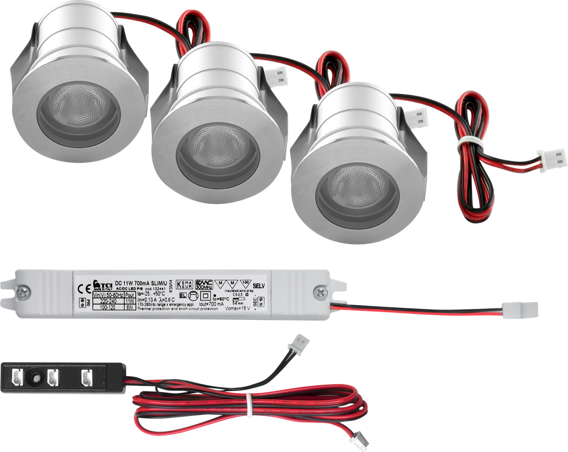 SET de spots à LED MINI IP65, 3000K 3 pièces à 3 W, 700 mA avec conv. m/a