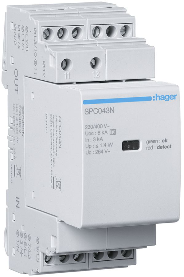 Überspannungsableiter Hager SPD 3P+N 230V Uc 264V 9kA In 3kA Up 1.4kV FM 2TE