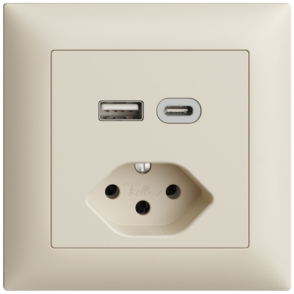 Prise ENC USB type A+C + type 13 Feller EDIZIOdue FMI 230V 3000mA crema