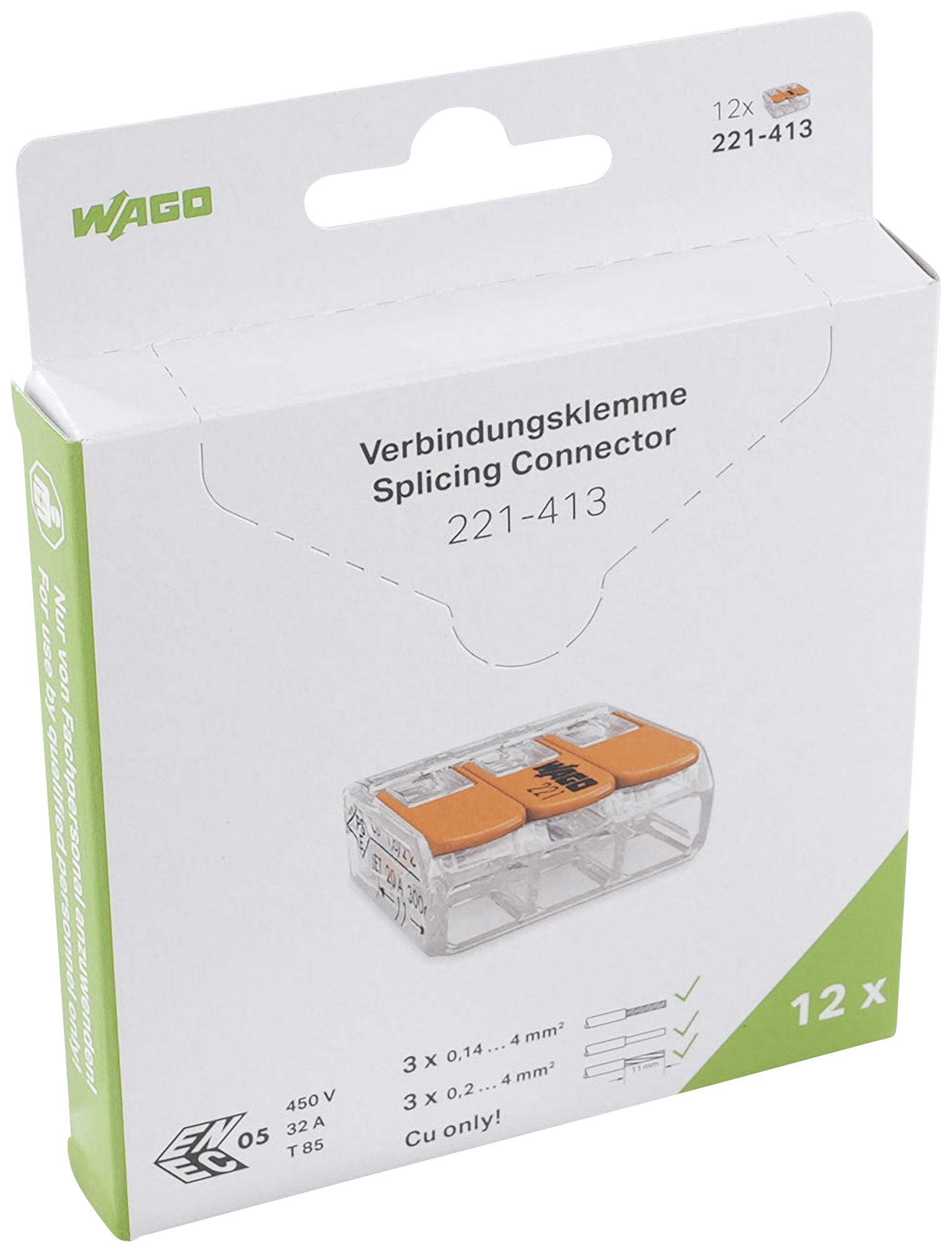 Borne de connexion WAGO 221 3×0.2…4mm² levier 32A 450V orange transparent