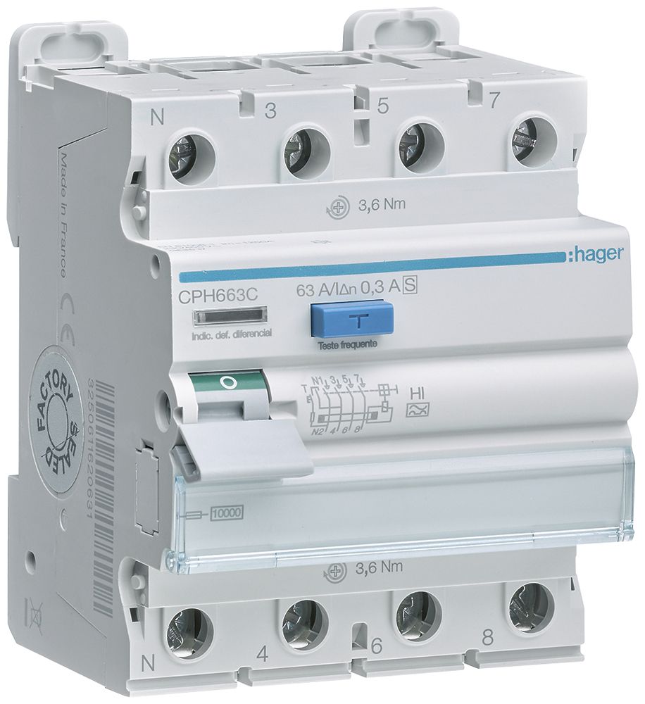 Interruttore differenziale Hager RCCB (RCD) 4P 400V 0.3A tipo A 63A 10kA 4UM