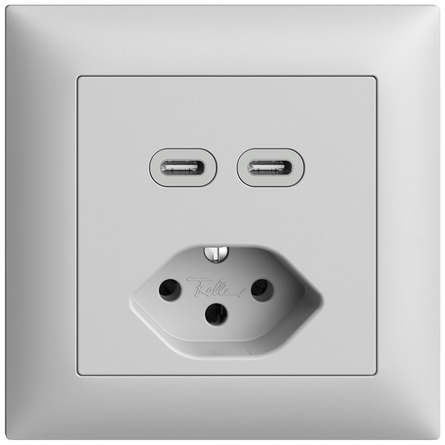 UP-Steckdose USB 2×Typ C + Typ 13 Feller EDIZIOdue FMI 230V 3000mA hellgrau