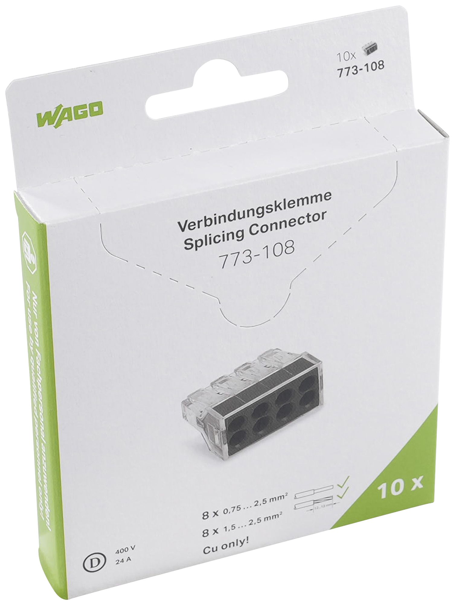 Borne de connexion WAGO 773-108 en blister 10 pièces 8L 0.75…2.5mm² 24A 450V