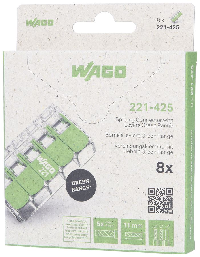 Borne pour boîte WAGO 221-425 avec levier en blister 8×5L 0.2…4mm² 32A 450V vt