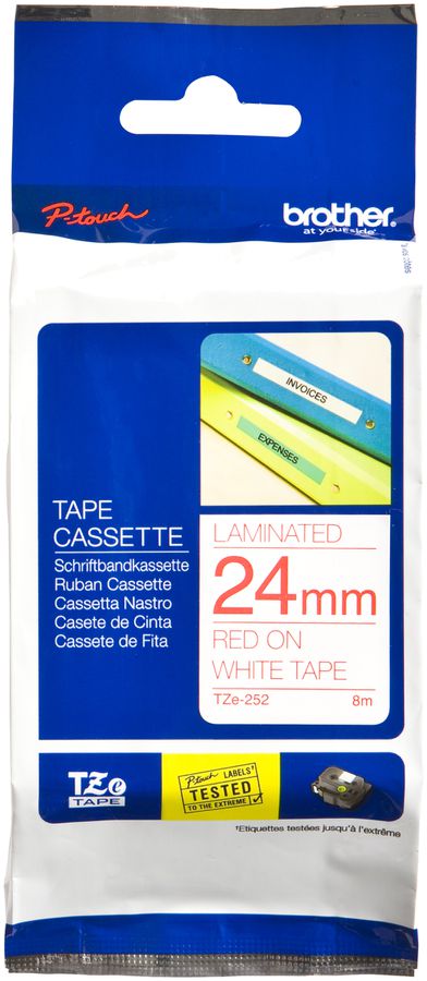 Cassette ruban Brother TZe-252 24mm×8m, blanc/rouge