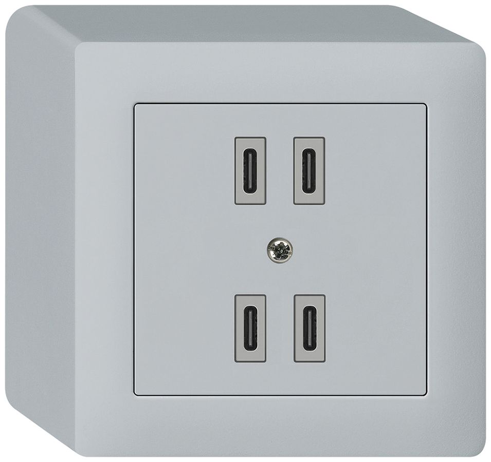 AP-USB-Ladesteckdose Hager kallysto 2×C-C 2×20W oder 4×10W 5V 86×86mm grau